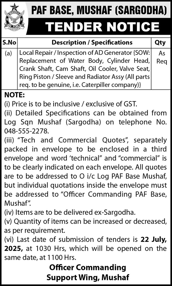 PAF BASE Sargodha Tender Notice